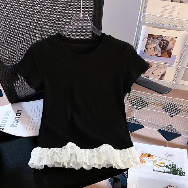 Dámské malé krajkové krajkové tričko s krátkým rukávem Letní Slim-fit s základním tričkem Patchworkový top