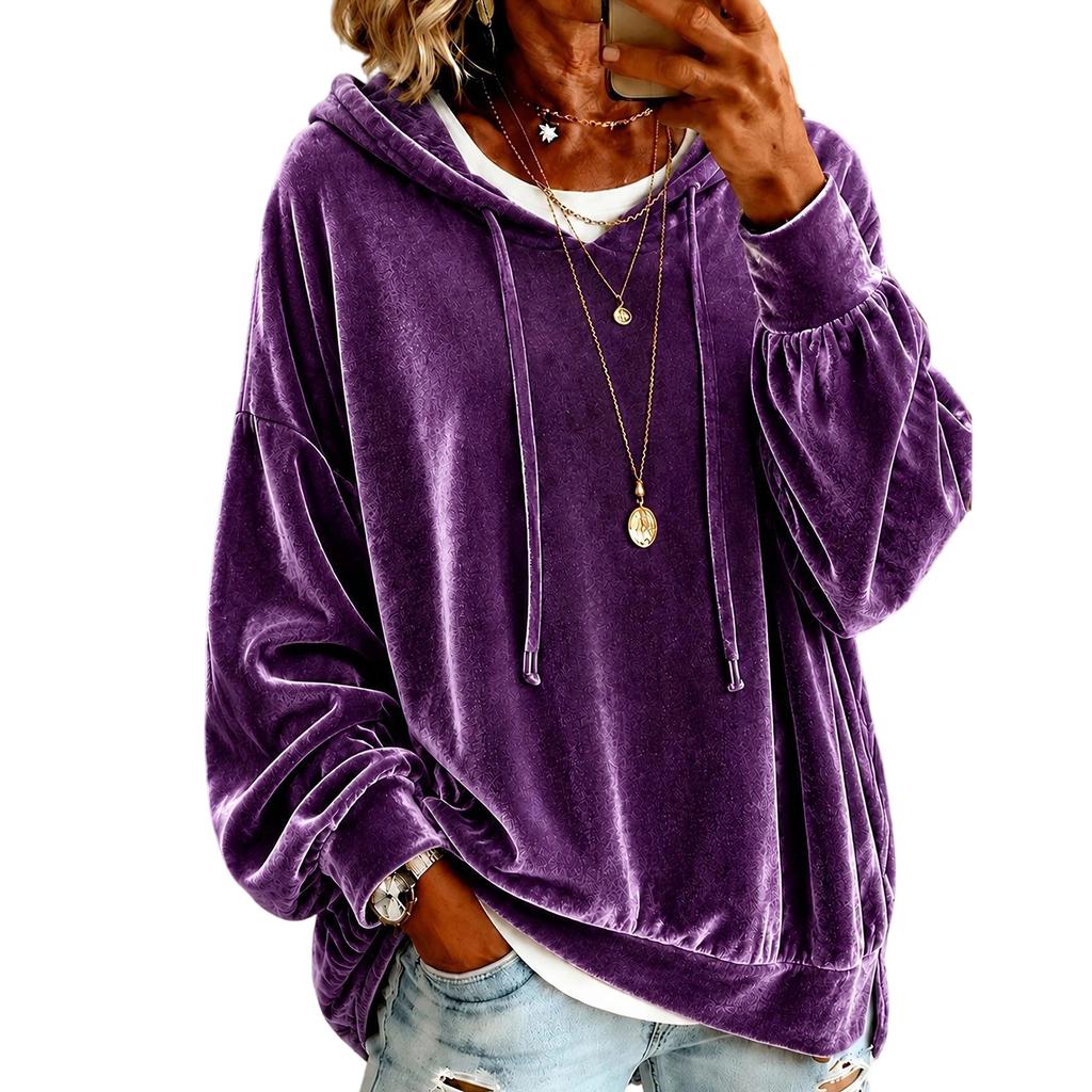 Women's Color Hooded Velvet Sweatshirt Long Sleeve Casual Pullover Top