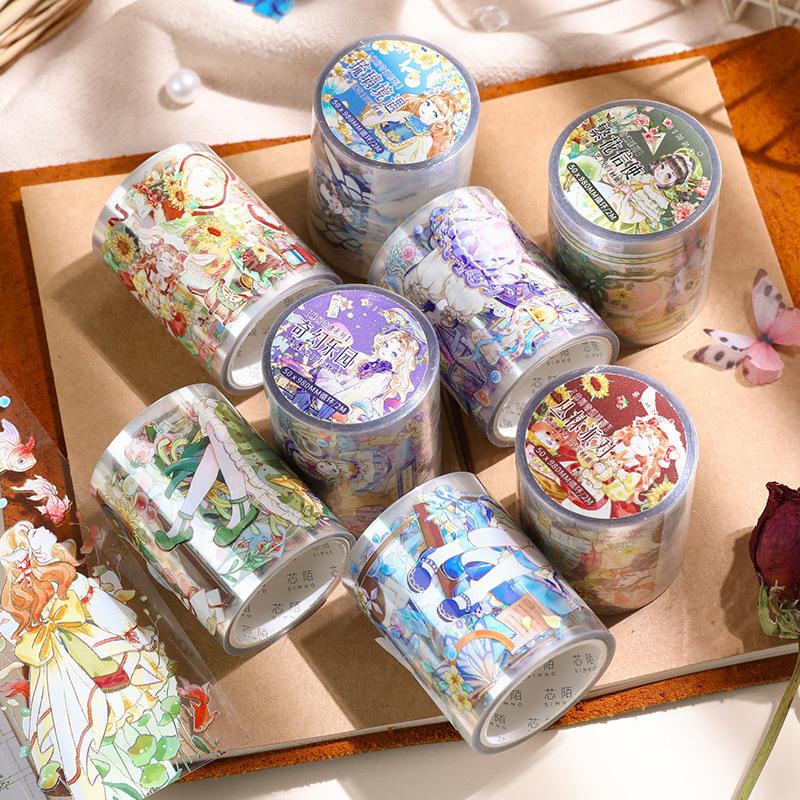 1 Roll 5x200cm Cute Cartoon Lolita Girl Outfit Tape Sticker Sweet Girls with Puff Skirts Bow Details Bright Colors Self-Adhesive