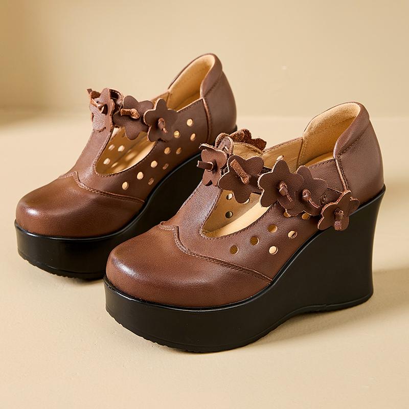 Fashion GKTINOO 2025 Spring Ethnic Style Women Genuine Leather Shoes Flower Wedges Heels Shoes Thick Sole Casual Ladies Platform Shoes