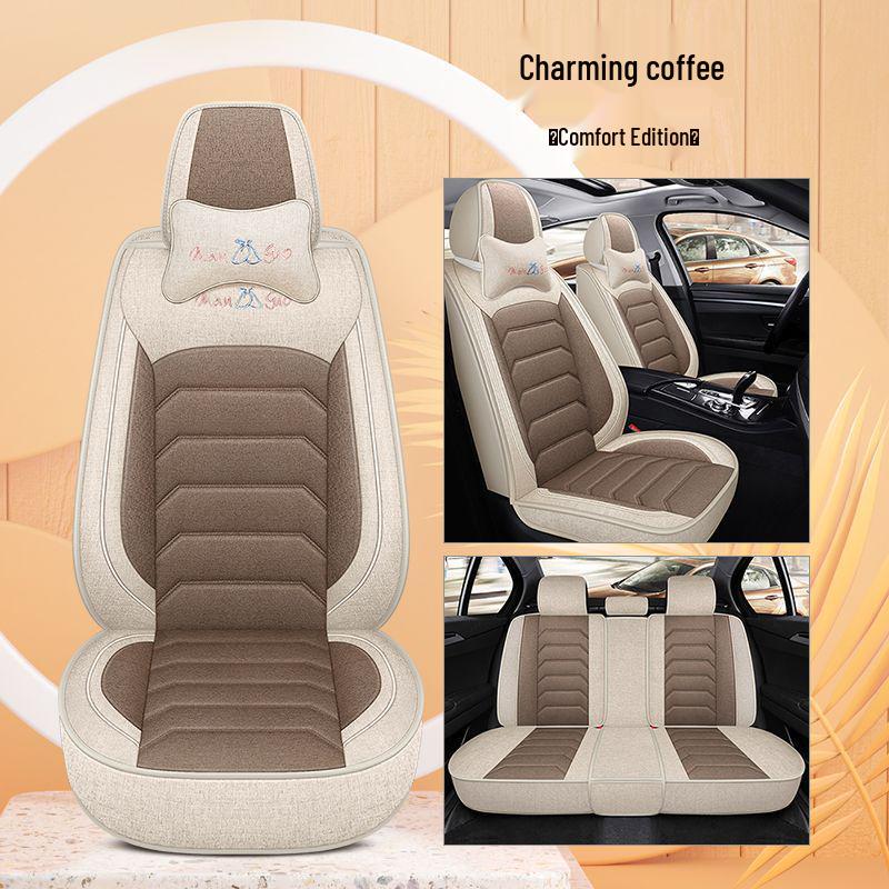 Four Seasons Universal Cotton Linen Car Seat Cushion - Full Coverage Linen Fiber Cover