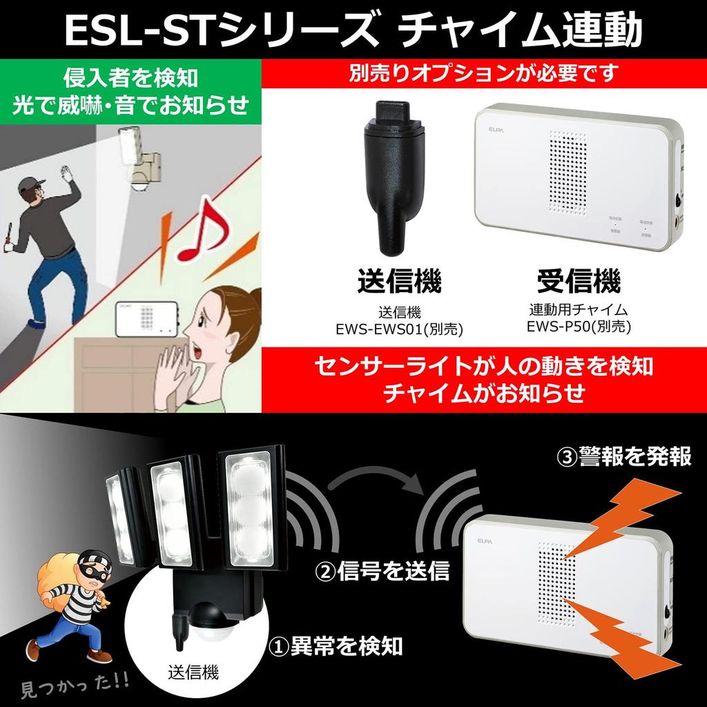 ELPA Sensor 3 Lights Foot Sensor Light Solar-Powered Light, (White LED/Waterproof), Outdoor, (ESL-313SL)