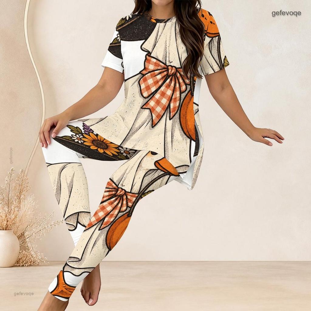 Women Plus Size Two Piece Set Round Neck Short Sleeve Owl Printed Longline Top Fitted Long Pants
