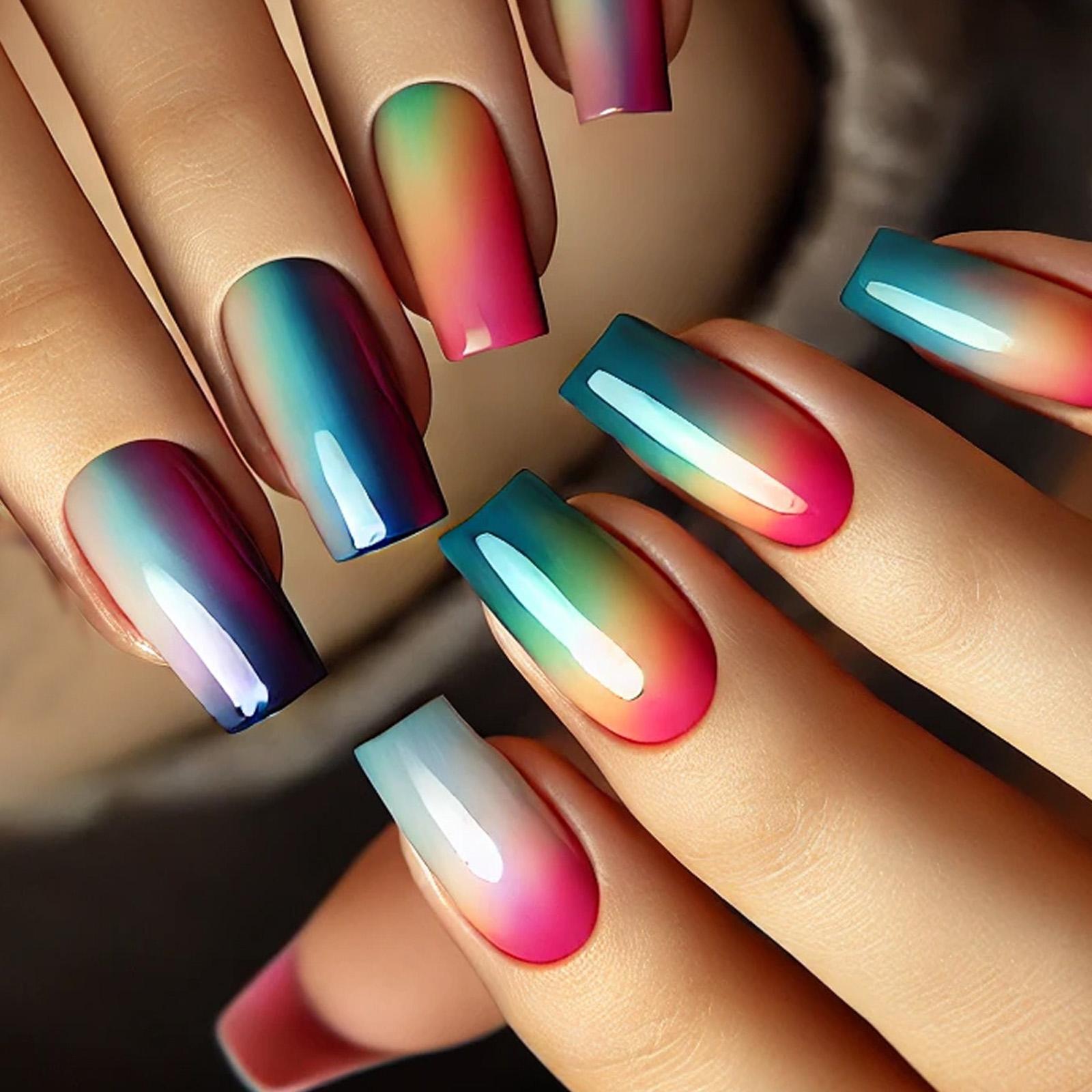 

Квадратные накладные ногти с градиентным дизайном, искусственные акриловые ногти, 24 шт., наклейки для ногтей для женщин