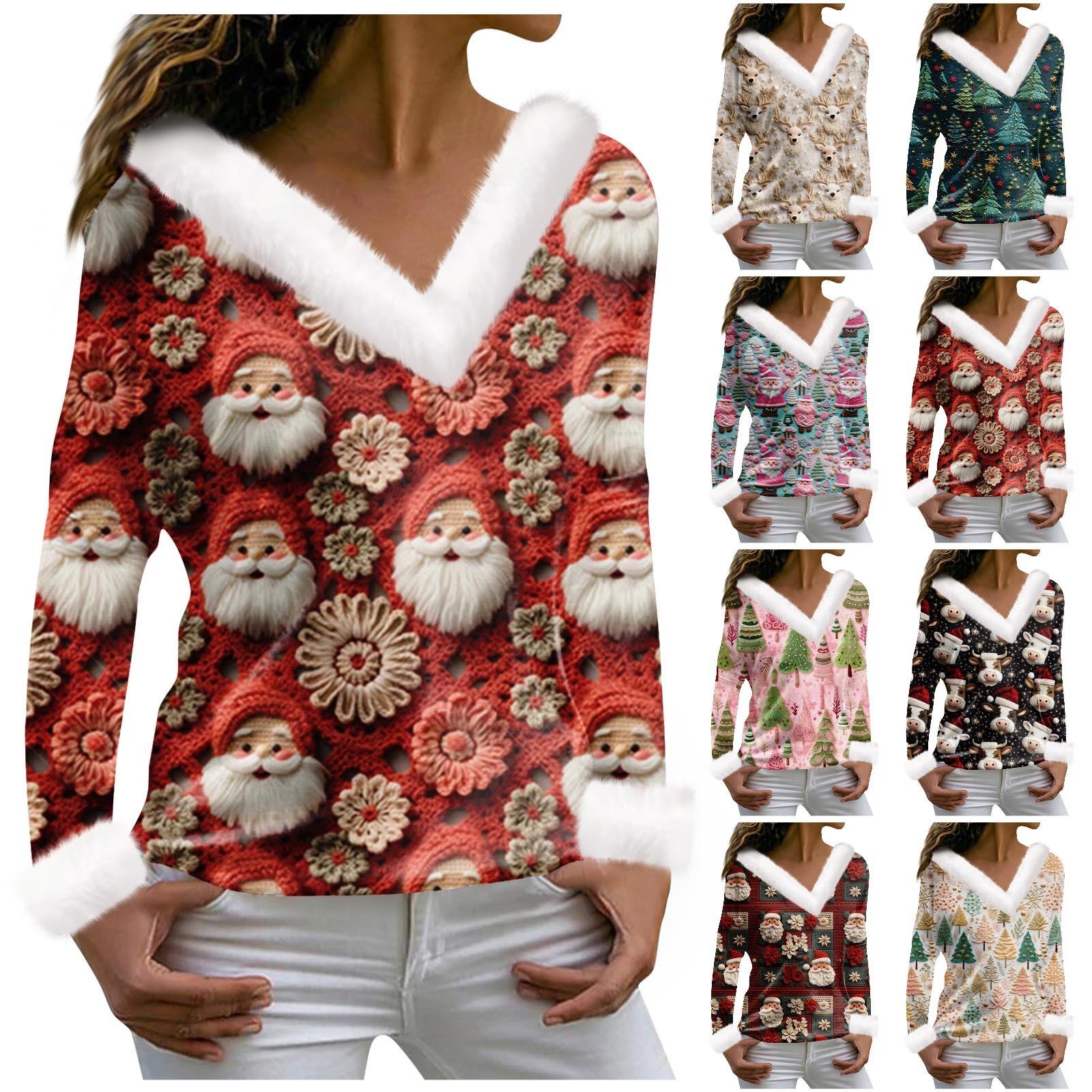 

Женская футболка, рождественская рубашка с длинным рукавом, вечерние, рождественский флисовый воротник, топ с v-образным вырезом M винный