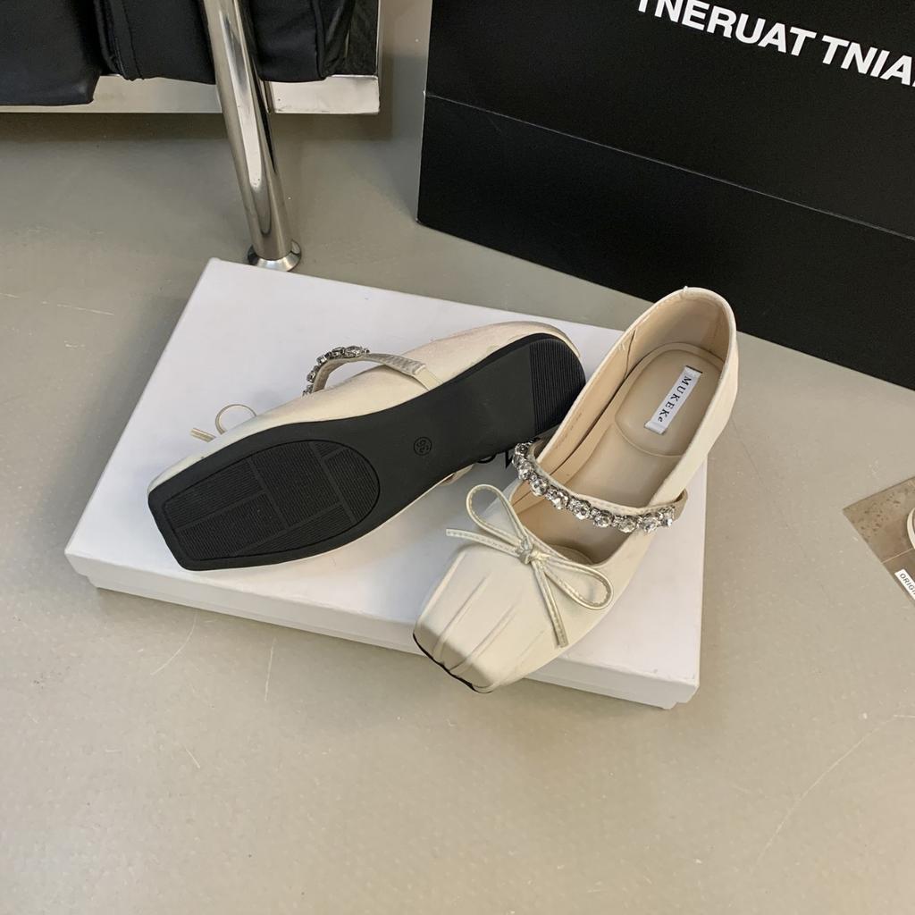 2025 new autumn and winter square head with rhinestone satin bow soft bottom ballet bean inner height increase pregnant women