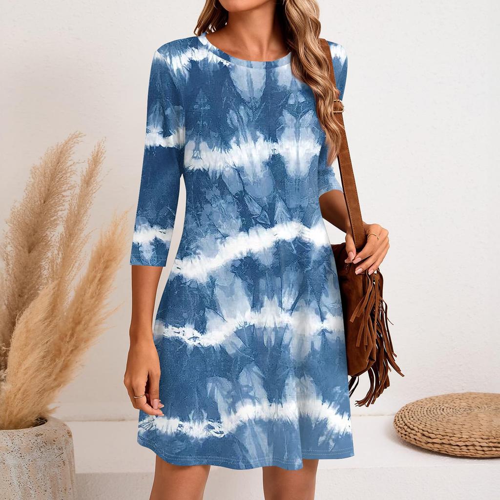 Women's Fashion Casual Print Round Neck Three-quarter Sleeve Short Dress