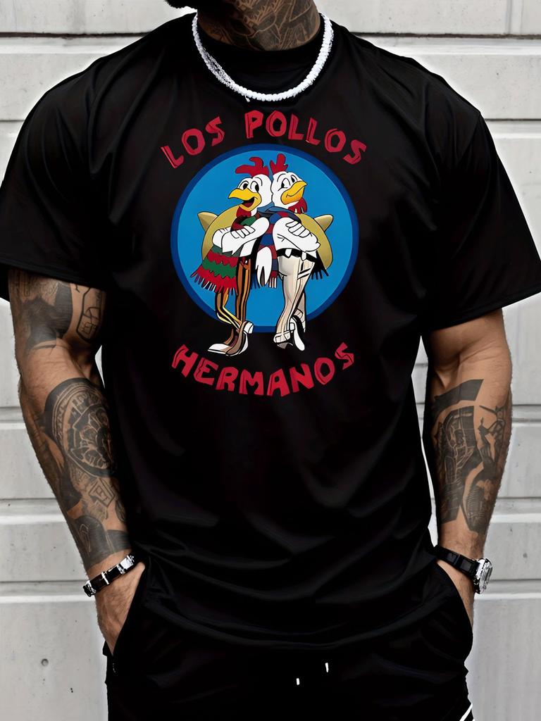 Los Pollos Herunisexos Chicken Cartoon Graphic Unisexs Cotton Crew Neck Tee Short Sleeve Loose Casual Daily Street Male Wear Top