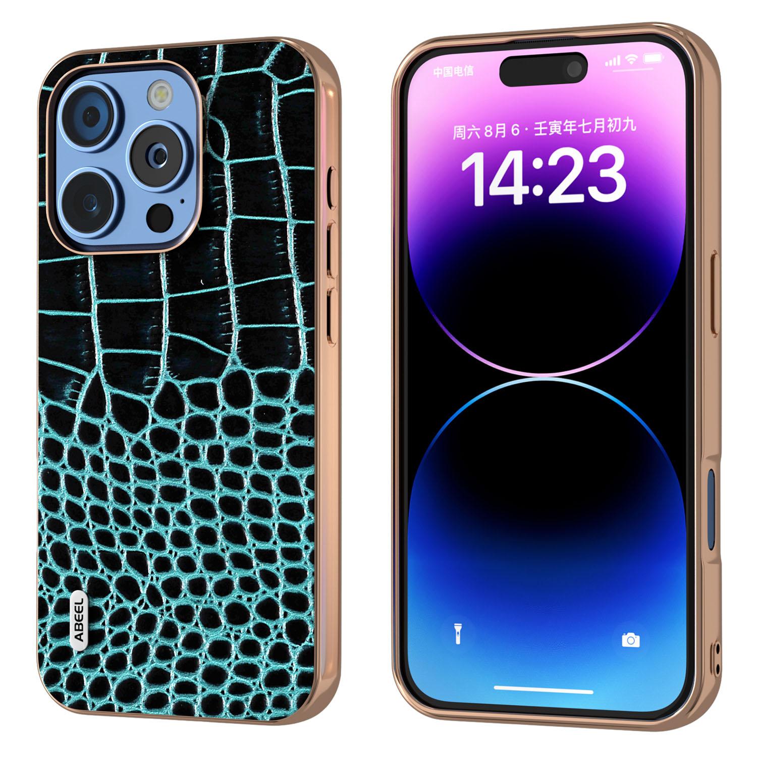

ABEEL For iPhone 16 Pro Case Electroplating Edge Crocodile Texture Genuine Cow Leather Back Phone Cover Midnight Green
