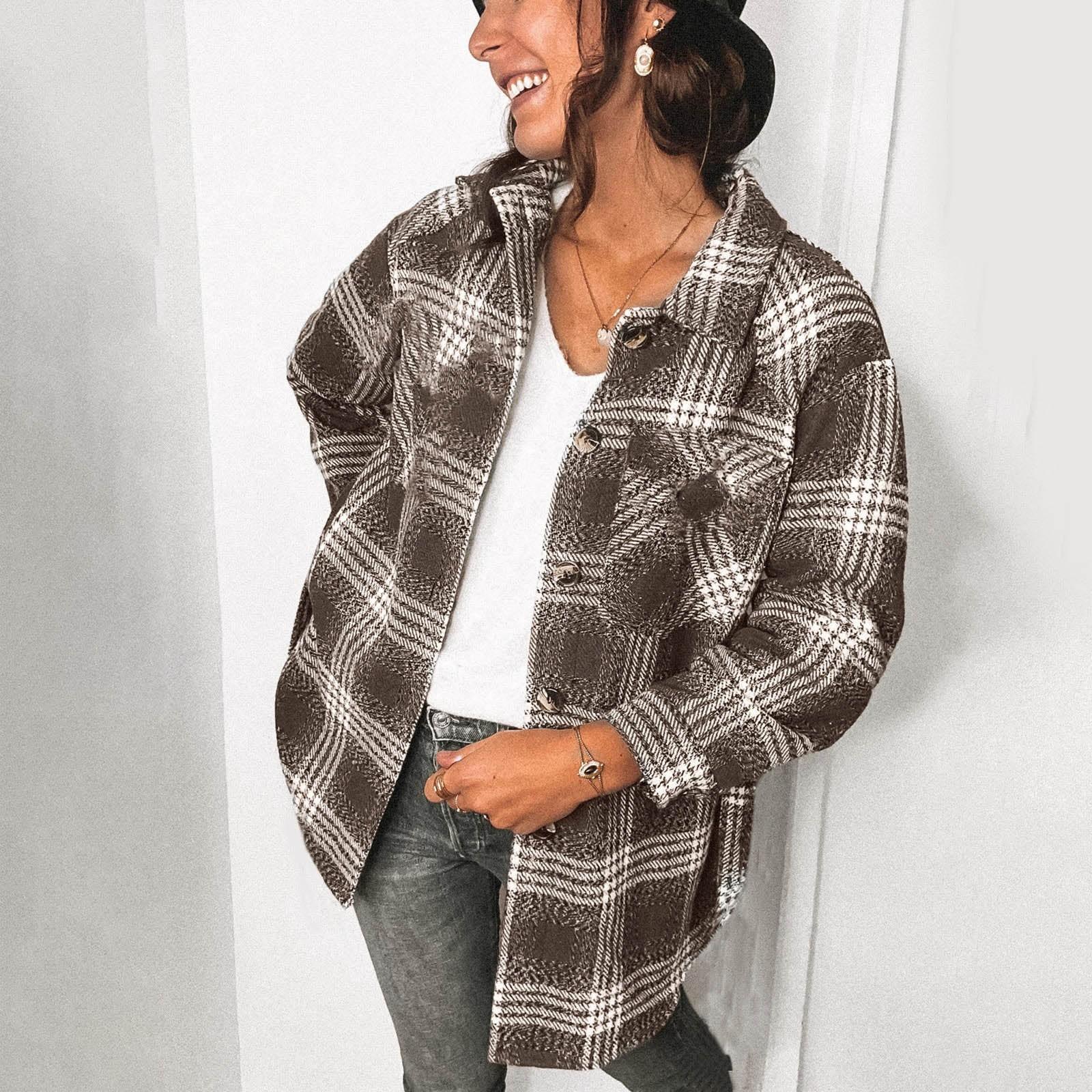 

Жіноча повсякденна модна однобортна сорочка в клітку, середнє вовняне пальто XL кавовий