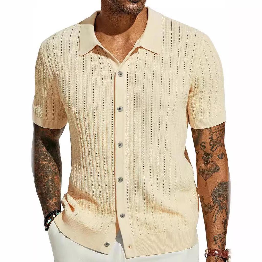 Men's Summer Cool Knit Short Sleeve Collared Shirt - Solid Color, Breathable, Hollow Out Design