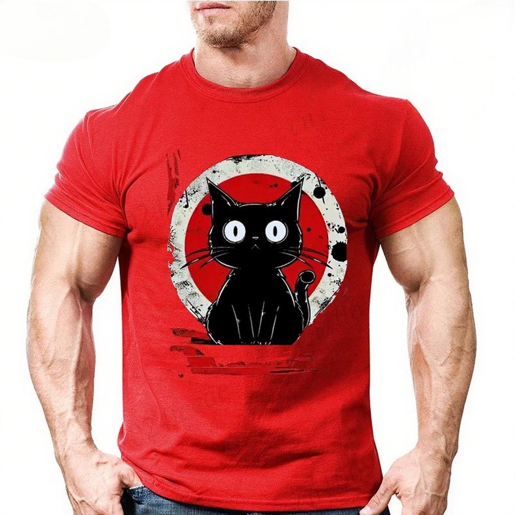 Summer Round Neck 3D Japanese Black Anime Cat Pattern Print Top Fashionable Casual Short Sleeved Men's T-shirts