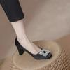 Satin thick heel square head high heels women's new autumn retro black professional rhinestone square buckle shoes