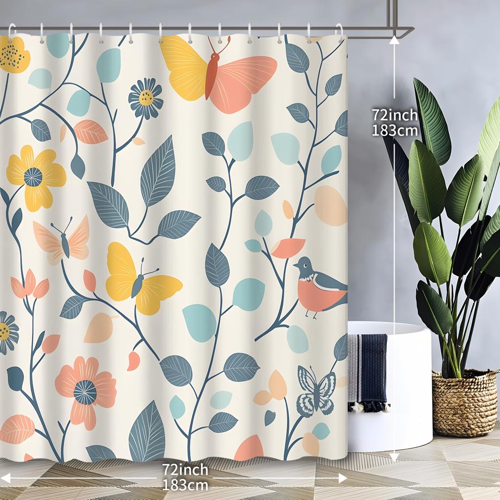 1Pcs Cartoon Watercolor Spring Flowers Eucalyptus Leaves Butterfly Shower Curtain, Machine Washable, Polyester Fabric