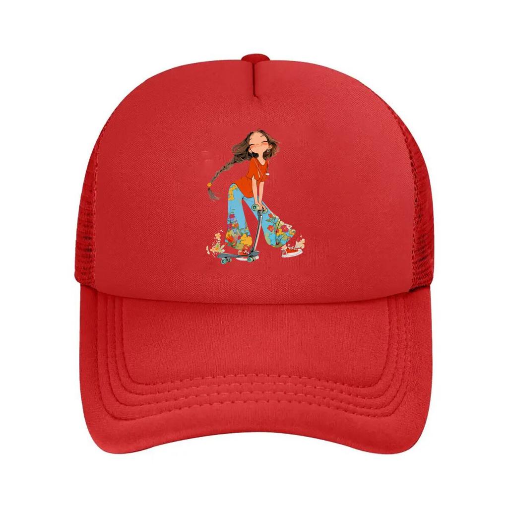 Cute Girl With Braid Scooter Floral Pants Graphic Mesh Baseball Cap For Womens Unisex FeUnisex Beach Dad Hat Hip Hop