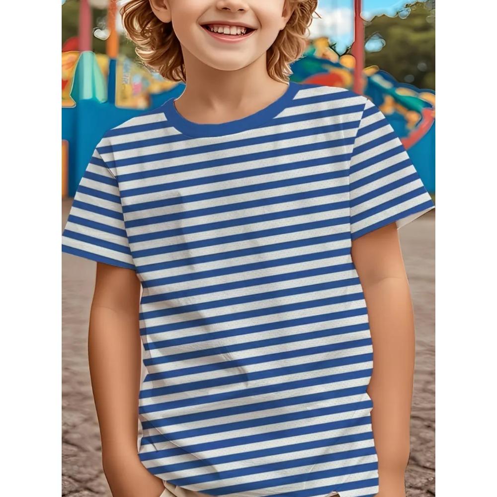 Children's clothing, solid color stripes, 3D printing, casual retro short sleeved T-shirt, summer round neck children's T-shirt