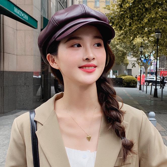 Women's Genuine Lambskin Leather Duckbill Beret - Trendy Autumn Winter Octagonal Newsboy Painter Hat