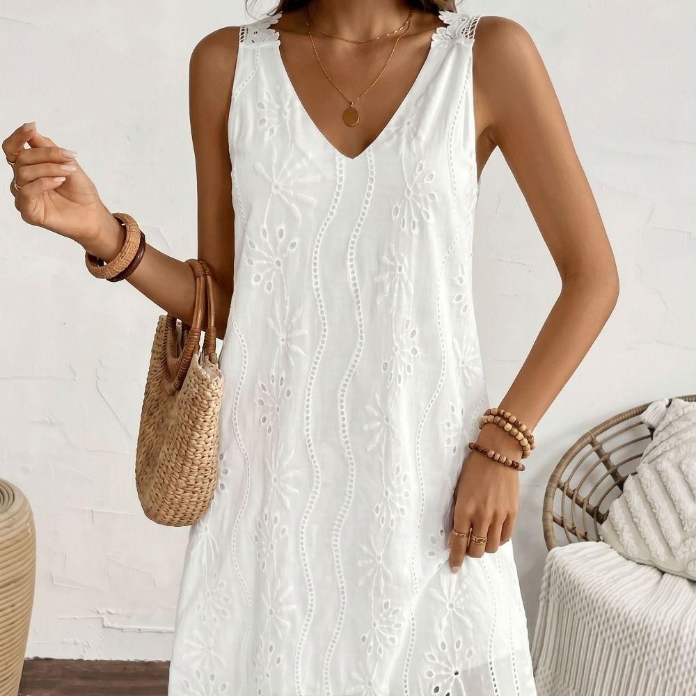A-line Summer Casual Skirt Embroidery Solid White Dress Fashion V-Neck Lace Dress Spring Summer