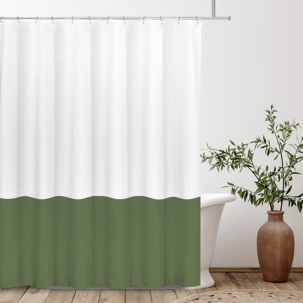 White Sage Green 2 Color Splicing Shower Curtain, Texture Fabric Bathroom Decor Waterproof Fabric Shower Curtian Sets With Hooks