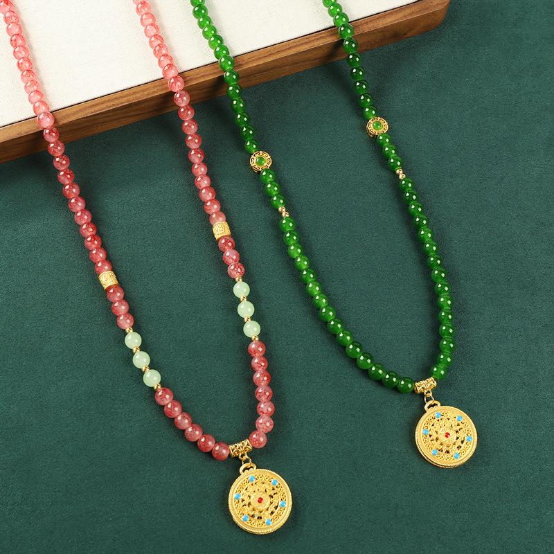 Green glazed agate beaded retro sand gold necklace long sweater chain antique cheongsam accessories women