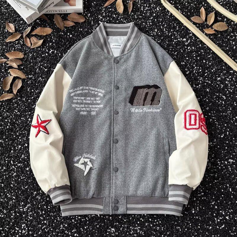 New American Style High Street Workwear Jacket for Men, Autumn Winter Casual Baseball Jacket, Trendy Retro Bomber Jacket for Couples