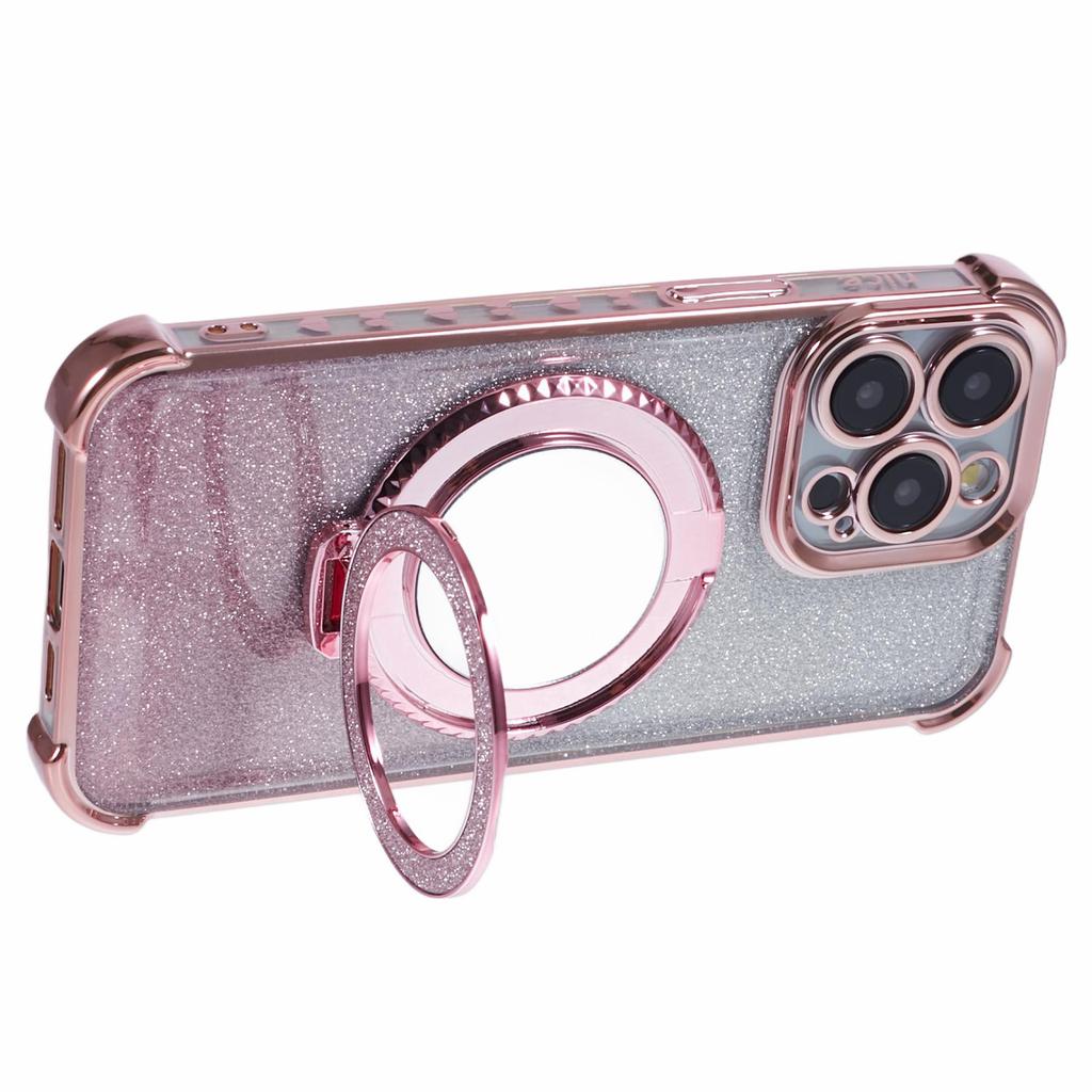 For iPhone 12 Pro Max Case Round Mirror Anti-drop TPU Glitter Phone Cover with Kickstand