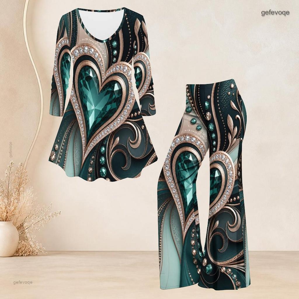 Women Plus Size Two Piece Set Round Neck Three Quarter Sleeve Printed Flared Top Flared Pants Black Green Gold