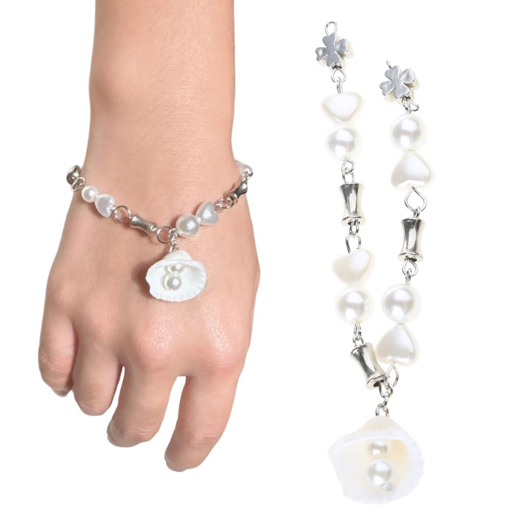 Elegant Shell Pearls Handchain Four Leaf Clovers Bracelet Adjustable Length Wristchain Fashionable and Stylish Ornament