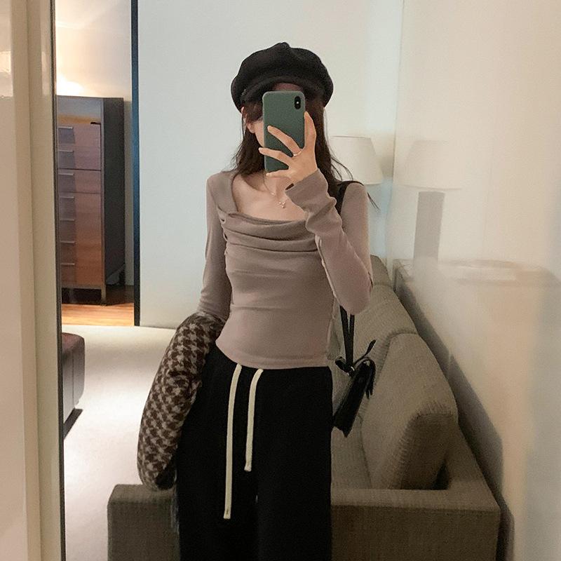 Square collar pleated long-sleeved basic slim-fitting T-shirt for women in autumn and winter new style inner wear slimming short pure lust top