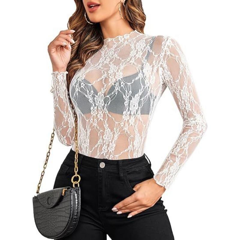 New Lace See Through Sexy Mesh Women Blouse Long Sleeve Tops Transparent Floral Shirt Thin Perspective Lace Shirts Spring Summer Sweet Elegant Blouse