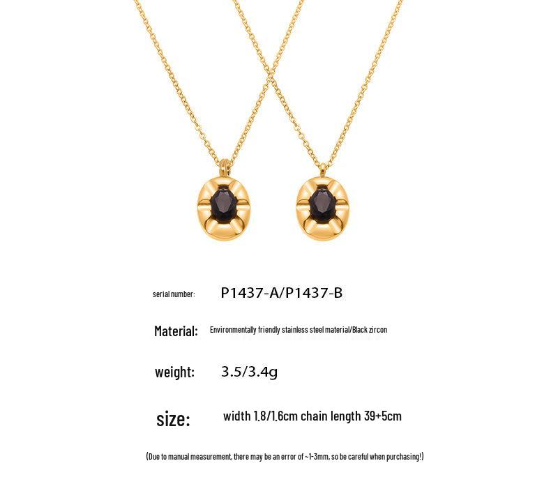 Qiong Yao Geometric Oval Black Zircon Pendant Clavicle Chain - Light Luxury Stainless Steel Jewelry