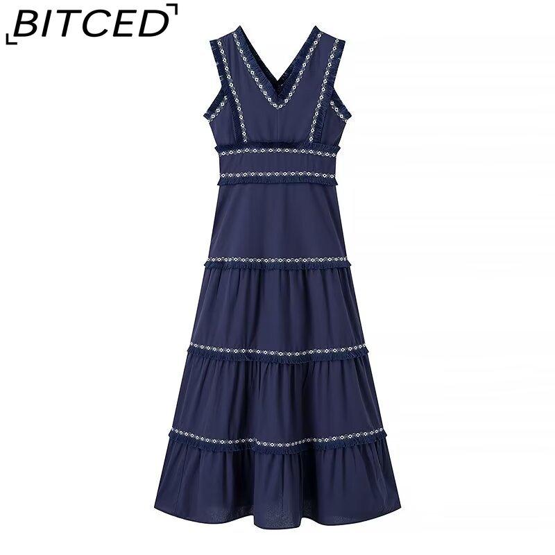 

BITCED Женское летнее модное платье макси с V-образным вырезом, бахромой и пэчворком, с полной юбкой L темно-синий