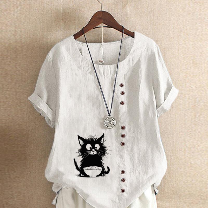 

Женская модная черная футболка с коротким рукавом с принтом «кошка», свободная хлопковая рубашка, повседневная свободная летняя блузка, топы больших размеров 5XL белый