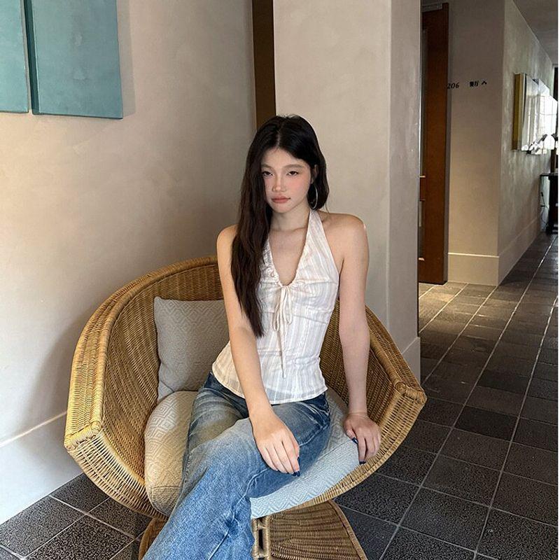 Women's French Retro Pure Desire Style Top, Sexy Summer Backless Lace-Up Camisole, Sweet and Spicy Trendy Beachwear