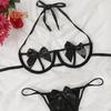 2 Pcs/Set Women Underwear Set Bow Decor Hollow Out Three-point Lace-up Halter Neck Honeymoon Bedroom Bra G-string Set High Waist Revealing Thong