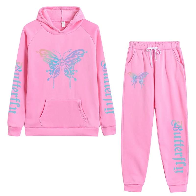 Arrival Woman Tracksuit Hooded Sweatshirt Jogger Pants Autumn Winter Daily Casual Sporty Hoodies Outfit Butterfly Print