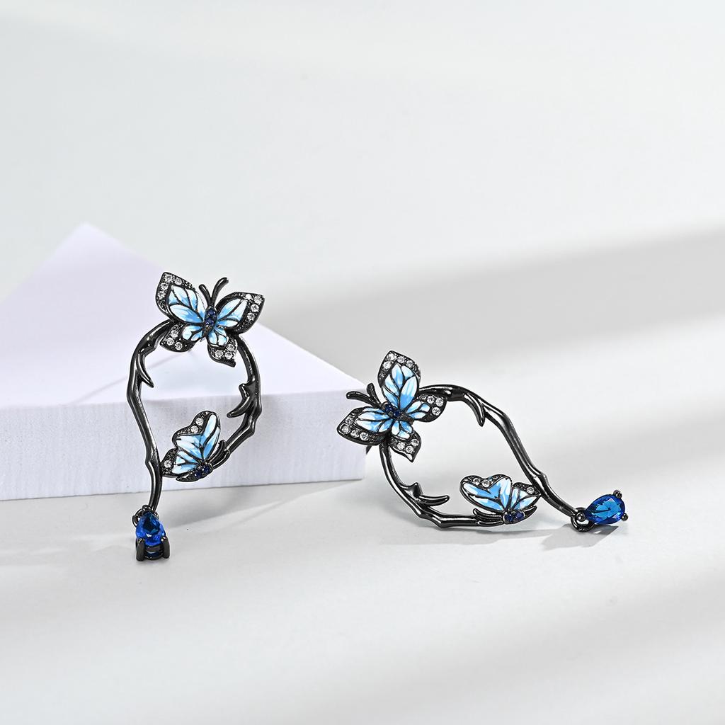 Three Butterflies Epoxy Black Gold Ring Creative Detachable Butterfly Stud Earrings Set For Women