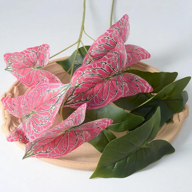 50cm Artificial Plants Film 5 Forks Colorful Taro Leaves Table Decorative Simulation Green Plant Leaf Wedding Decoration Floral
