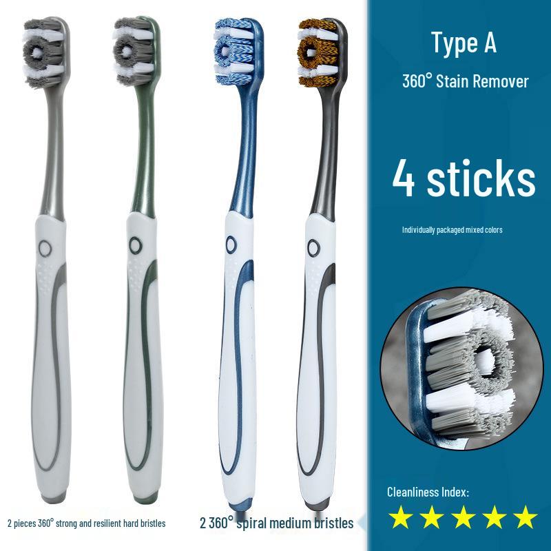 360° Medium-Hard Bristle Toothbrush for Effective Stain Removal - Spiral Filament, Soft Bristle, Adult Size