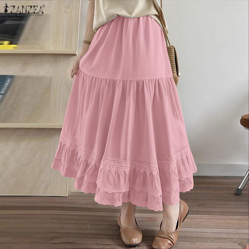 ZANZEA Women Casual Lace Splice Elastic Waist Loose Long Skirts