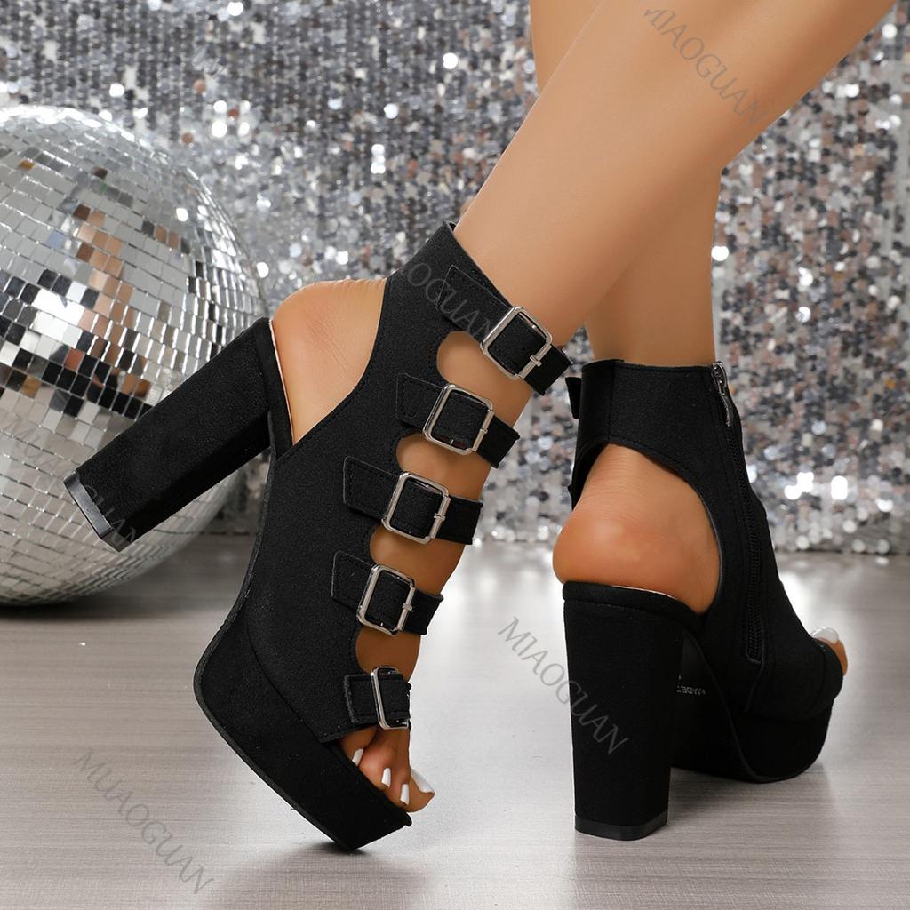 Fashion Summer Hollow Belt Buckle High-heeled Sandals Women Shoes Black Platorm Gladiator 11cm Thikc Heeled Zip Roman Sandales Femmes