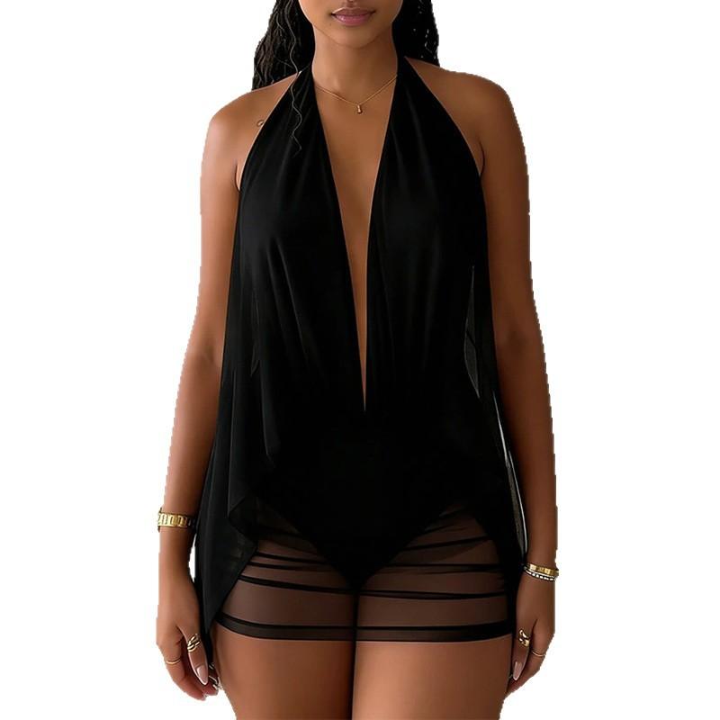 Spring New Women's Clothing, Europe, America, Fashionable and Sexy Mesh Neck Halter Dress
