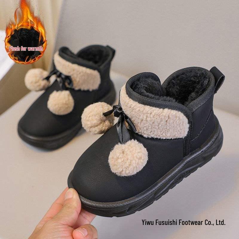 Four Seasons Girls' Velvet Snow Boots with Fur Ball Bows and Non-slip Sole.
