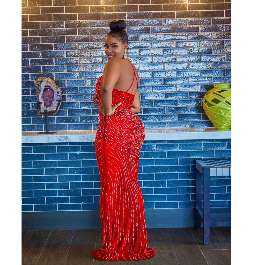 C6075 Women's Fashion Mesh Sleeveless V-Neck Long Dress with Hot Drill Detailing