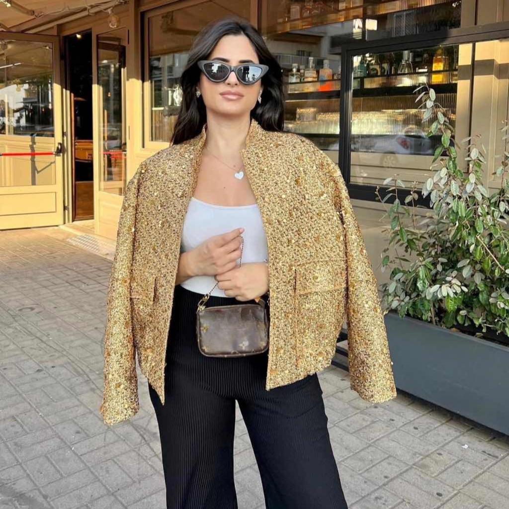 Women Shiny Sequin Jacket Y2k Gold Color Stand Collar Long Sleeve Short Coat Ladies High Streetwear