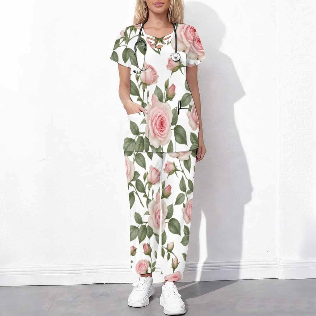 Women Plus Size White Floral Printed Scrub Set Cutout Neck Short Sleeve Pocket Top Long Pants Two Piece