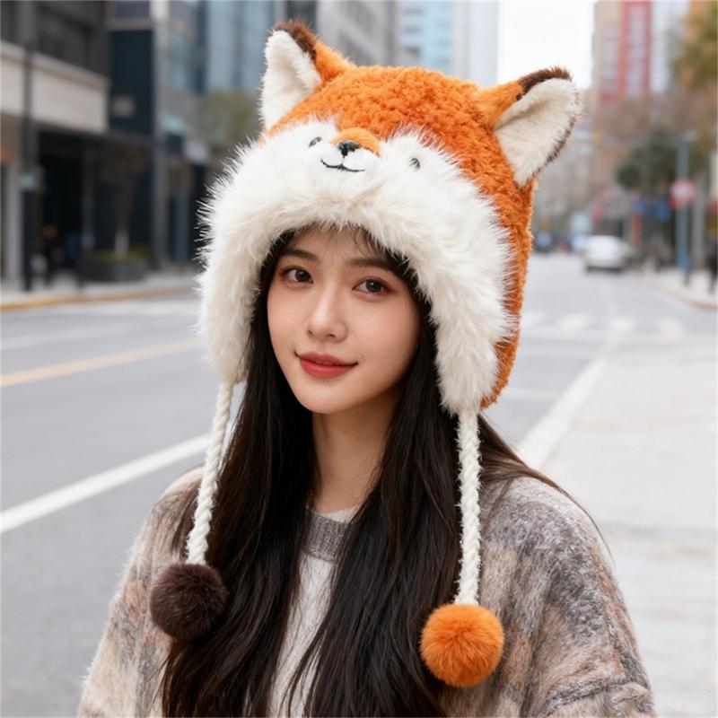 Furry Ears Plush Winter Hat for Women Girl Warm Comfortable Unisex Earflap Cap for Skiing Camping Daily Outdoor Use