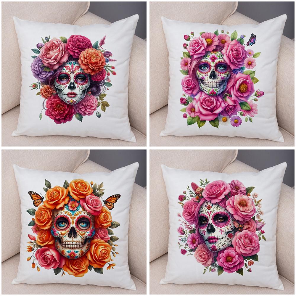 Vibrant Dahlia Sugar Skull Pillowcase Double Print Red Rose Skull Cushion Cover Soft Plush Pastel Floral Skull Pillowe Case