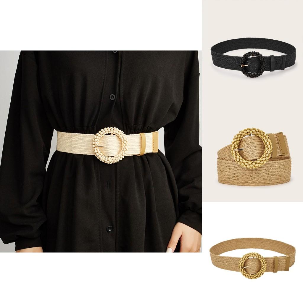 Simple Solid Color Bead Ring Buckle Decoration Women Casual Woven Belt For Boho Dresses