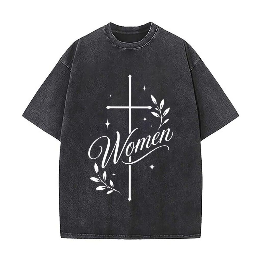 Elegant Faith Cross Women Script Des Daily Commute Vintage Distressed T Shirt Loose Washed Sleeve